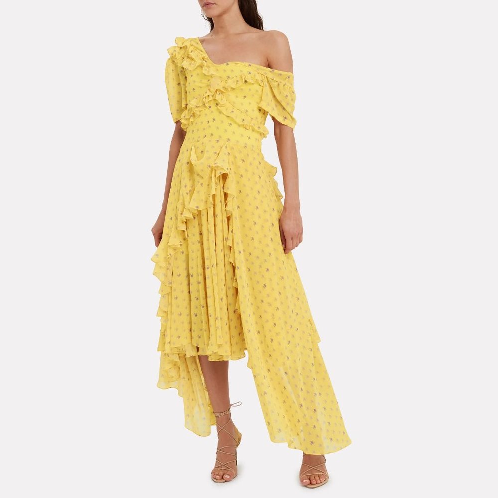 PREEN BY THORNTON BREGAZZI Yellow Floral Asymmetric Cocktail Dress
